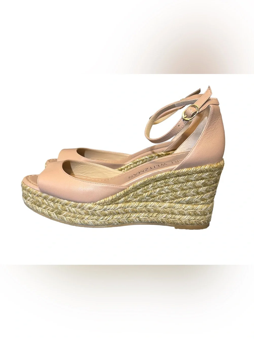 Stuart Weitzman Nude Leather Nudist Wedge Espadrille Sandal 10.5 + Dust Bag NWT